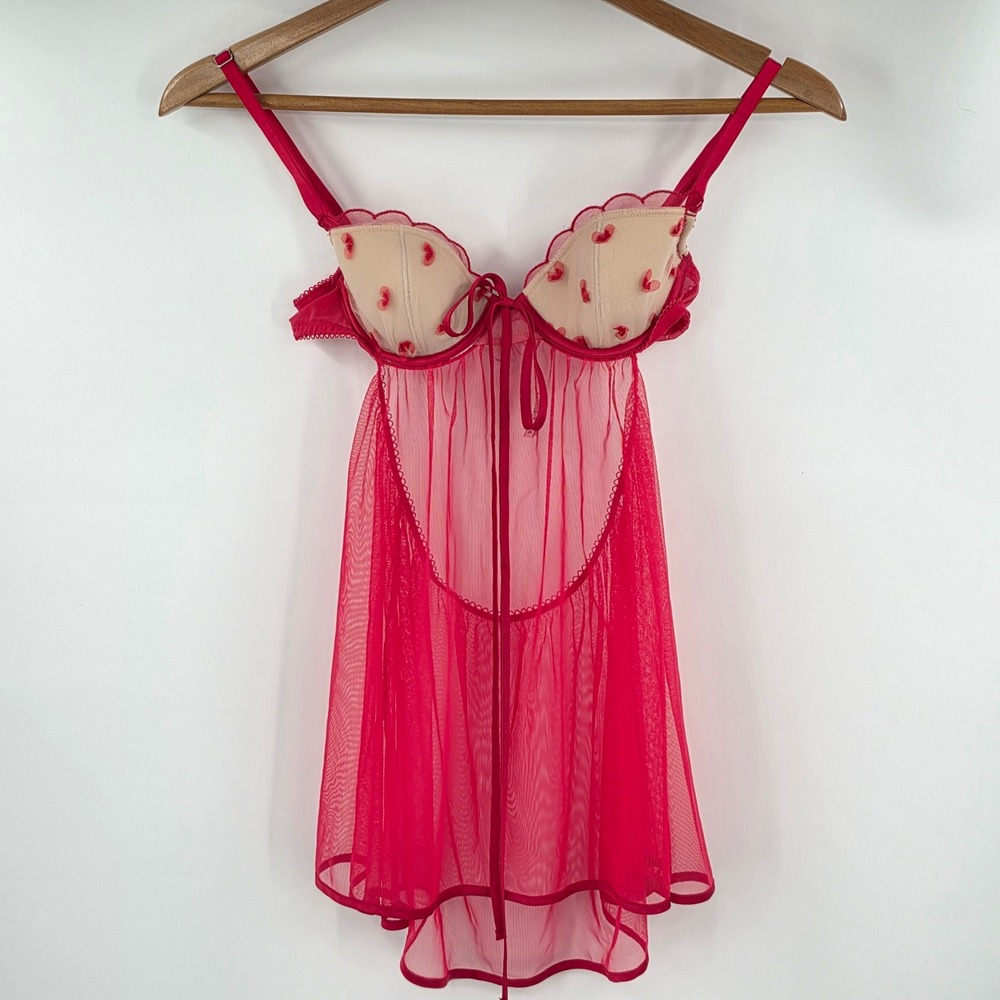 Victorias Secret Red Heart Mesh Babydoll Lingerie Chemise 32A
